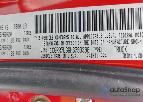 2017 Ram 1500 Big Horn 4X4 5'7 Box/Lone Star 4X4 5'7 Box/Lone Star Silver 4X4 5'7 Box/Slt 4X4 5'7 Box z USA, uszkodzony, nr VIN 1C6RR7LG6H7933880